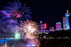Fireworks over the Horseshoe Falls for Niagara Falls New Year's Eve celebration.
