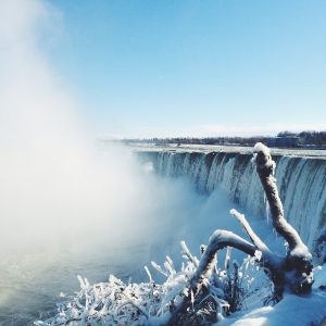Niagara Falls and its snowy surroundings in winter. 