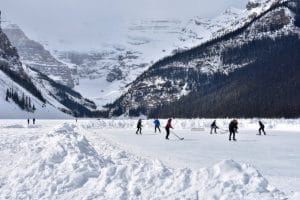 Playing hockey on a frozen lake