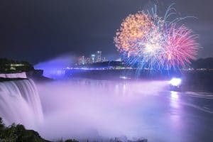 Fireworks light up the sky above Niagara Falls