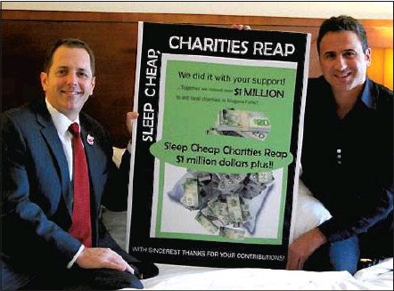 Niagara Falls Mayor Jim Diodati, left, and Dino Dicienzo Jr. of Canadian Niagara Hotels announced Thursday that Sleep Cheap, Charities Reap exceeded the $1-million mark.